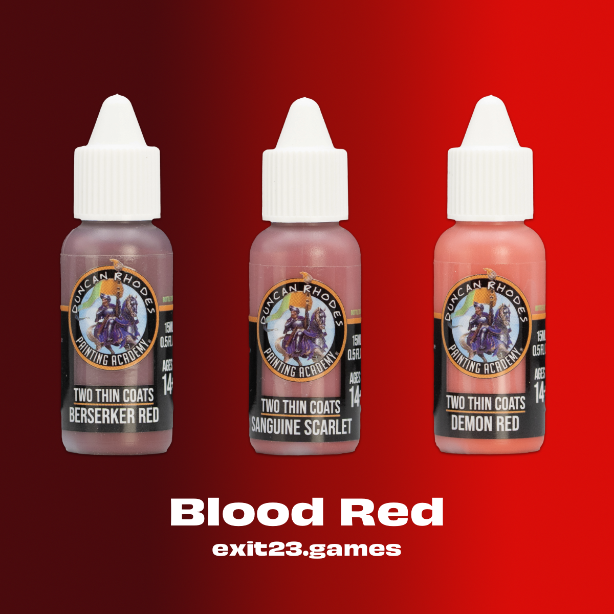 Three bottles of 'Two Thin Coats' painting acrylics on a red background with 'exit23.games' branding.