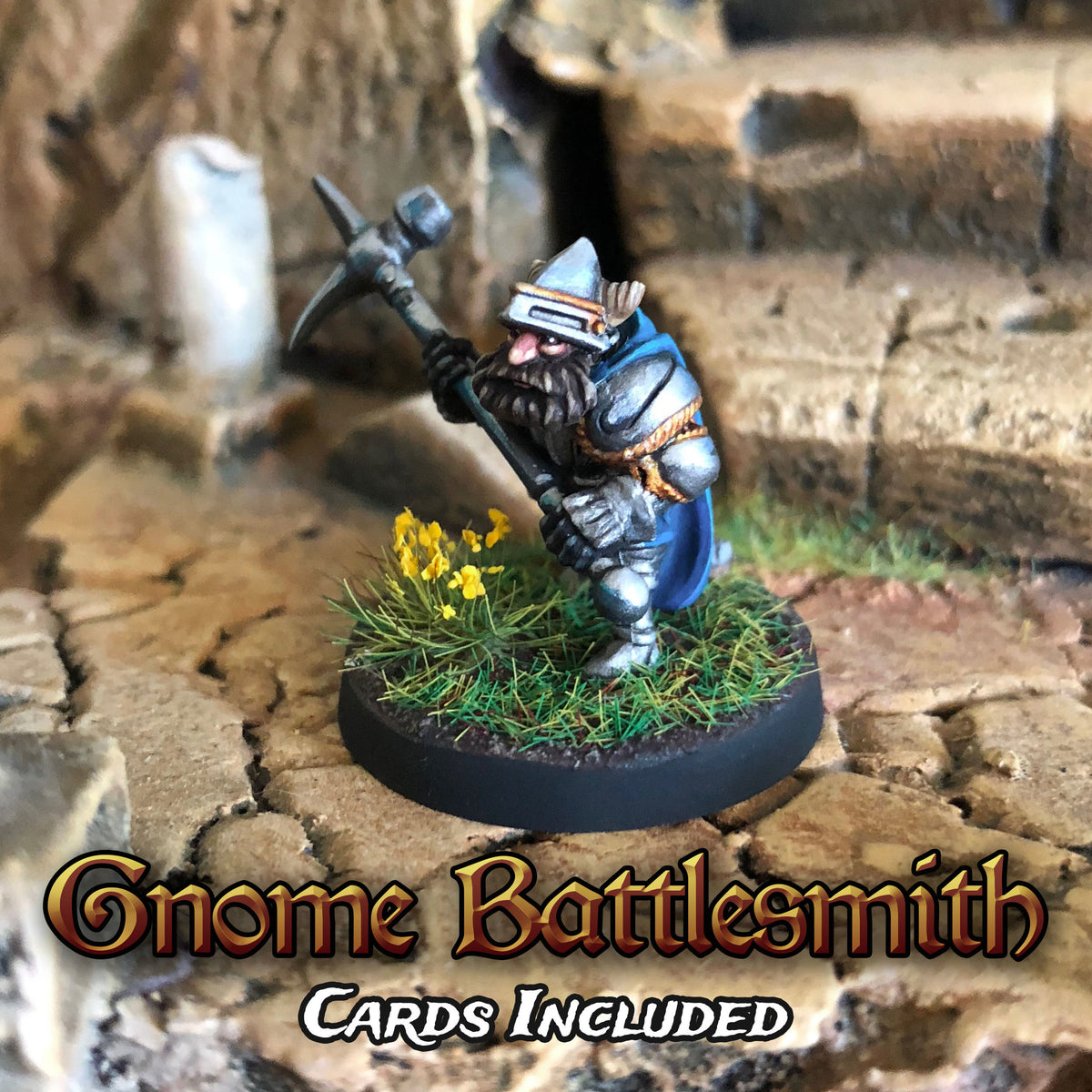 Gnome Battlesmith with Character Card and Upgrade Card. Miniature Metal King Studio Exit 23 Games Gnome Battlesmith with Character Card and Upgrade Card.
